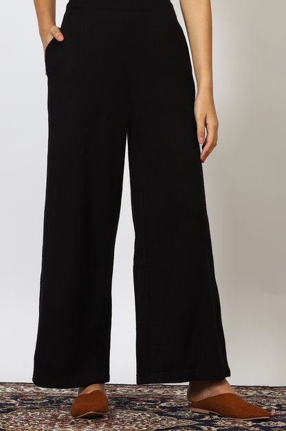 Black Textured Ankle Length Wide Leg Parallel Pants