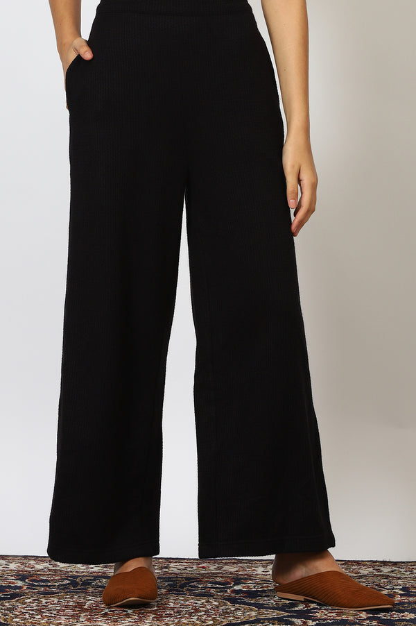 Black Textured Ankle Length Wide Leg Parallel Pants