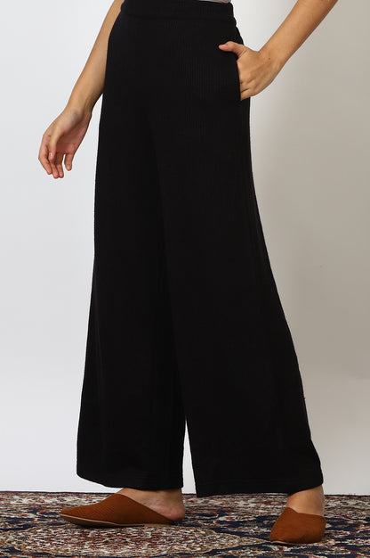 Black Textured Ankle Length Wide Leg Parallel Pants