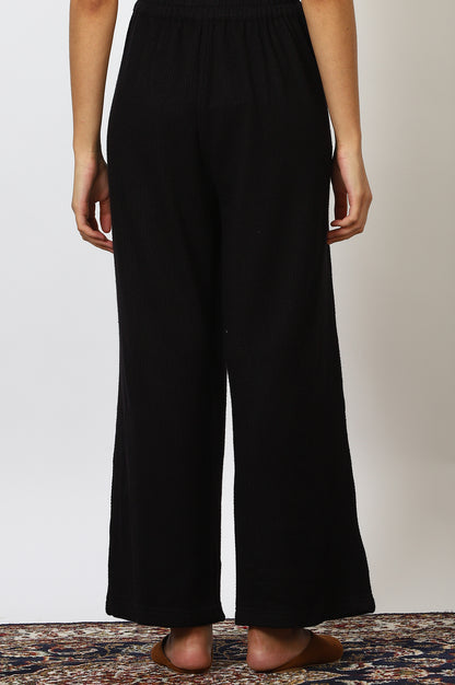 Black Textured Ankle Length Wide Leg Parallel Pants