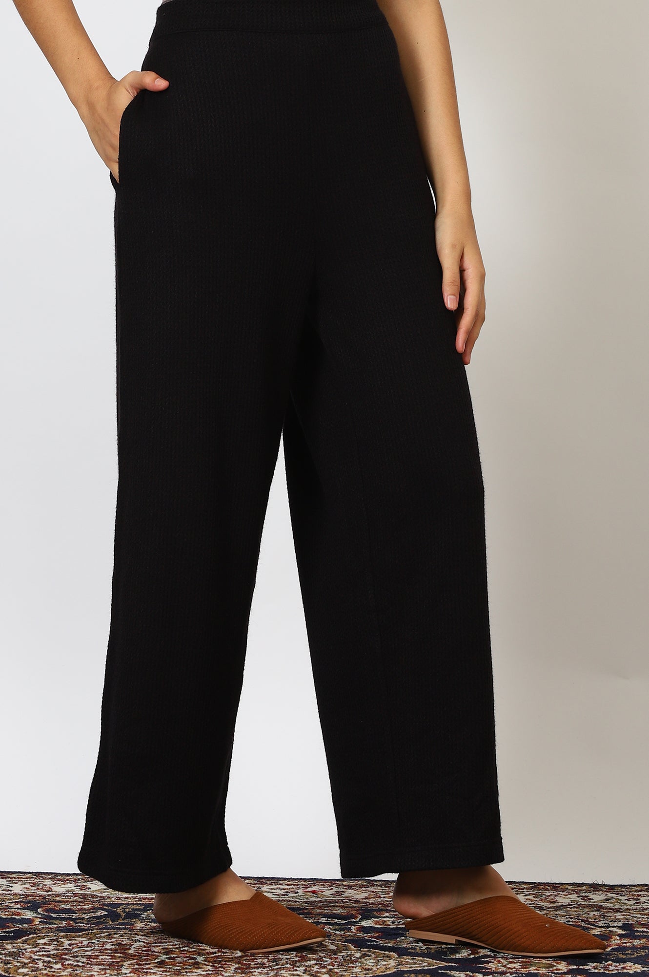 Black Textured Ankle Length Wide Leg Parallel Pants