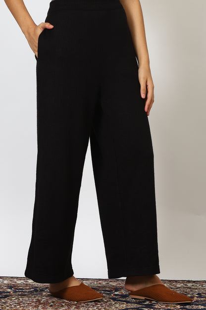 Black Textured Ankle Length Wide Leg Parallel Pants