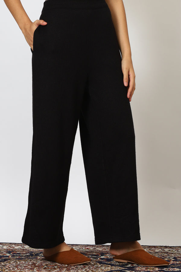 Black Textured Ankle Length Wide Leg Parallel Pants
