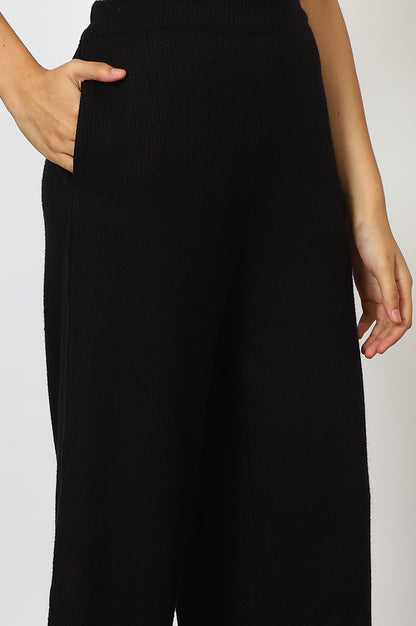 Black Textured Ankle Length Wide Leg Parallel Pants