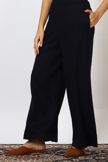 Blue Solid Rayon Flarred Trousers &amp; Pants