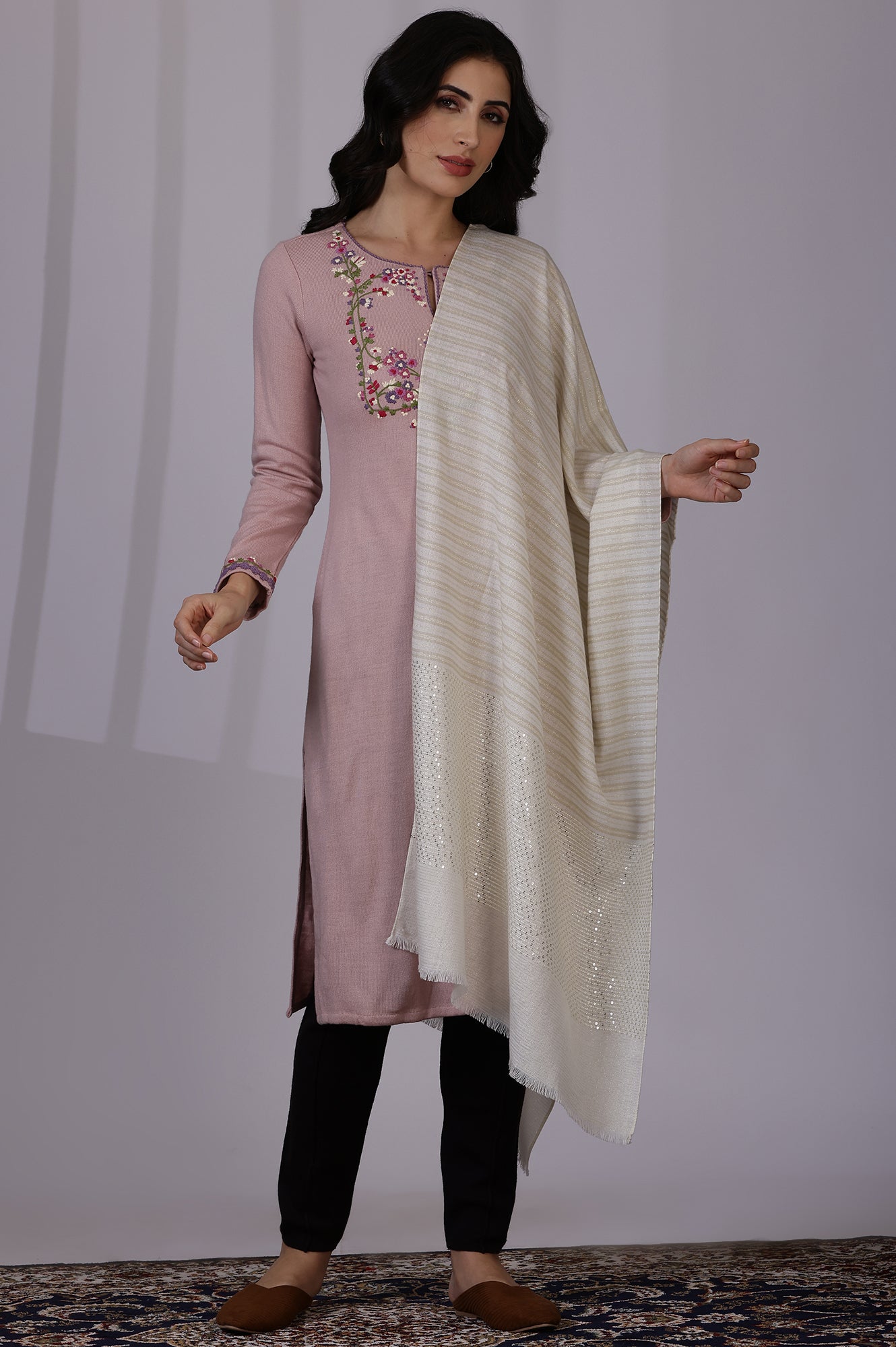 White Solid Sequins Acrylic Shawls &amp; Stole