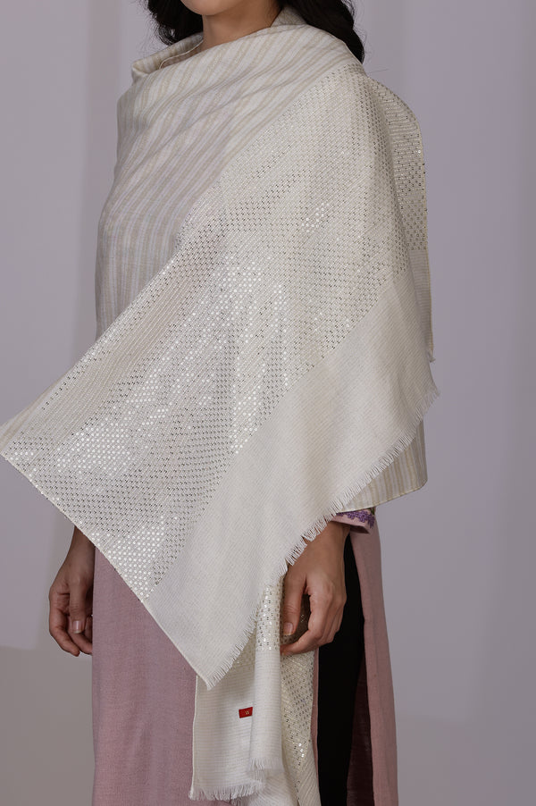White Solid Sequins Acrylic Shawls & Stole
