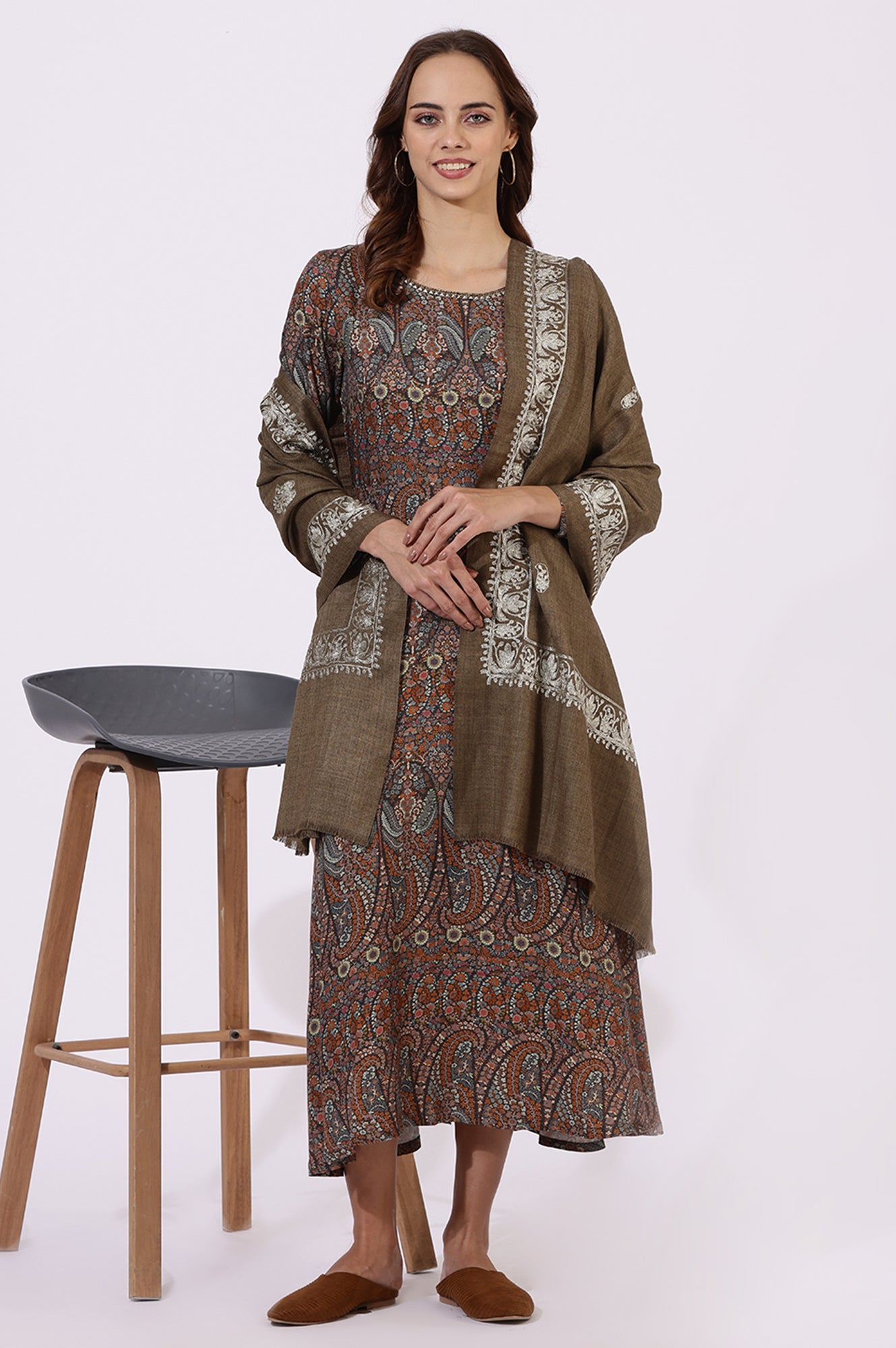 Brown Embroidered Wool Winter Shawls