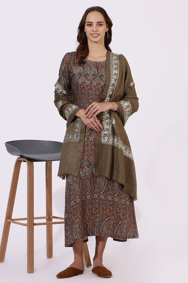 Brown Embroidered Wool Winter Shawls