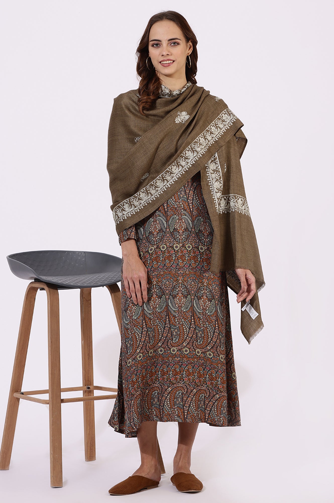 Brown Embroidered Wool Winter Shawls