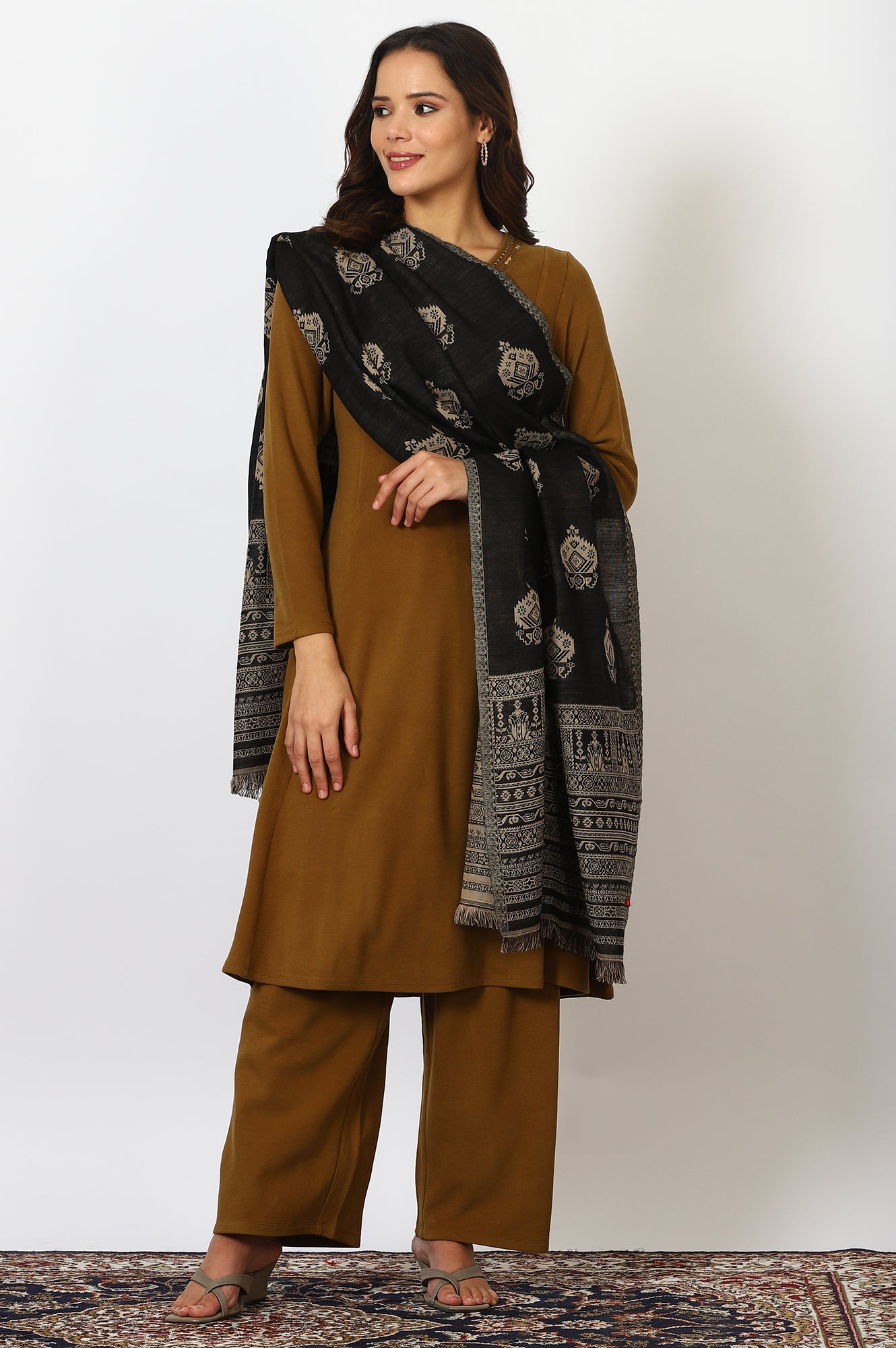 Black Yarn Dyed Cotton Blend Shawls &amp; Stole