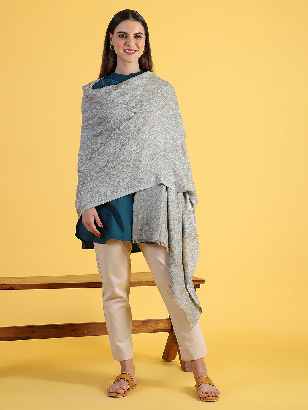 Beige Wool Silk Winter Shawls