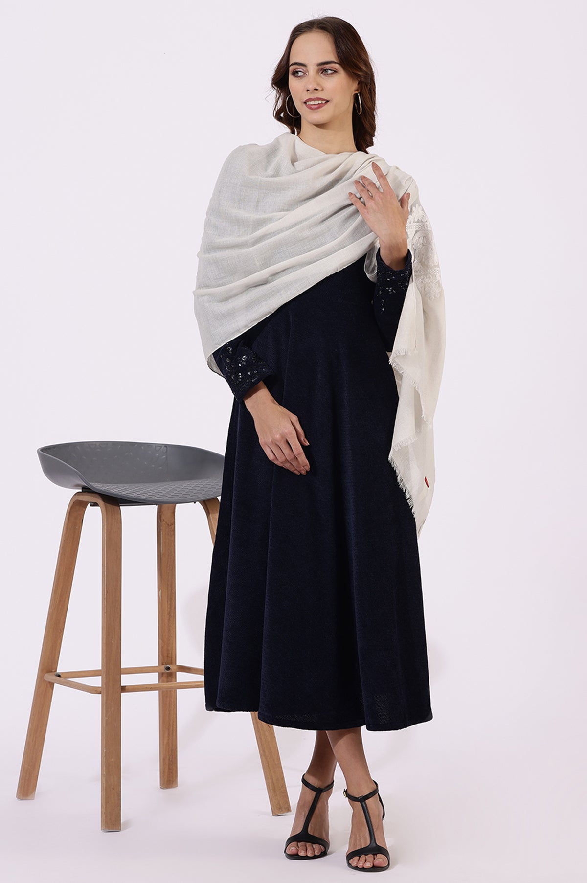 Off-White Thread Embroidered Pure Cotton Shawls - FS