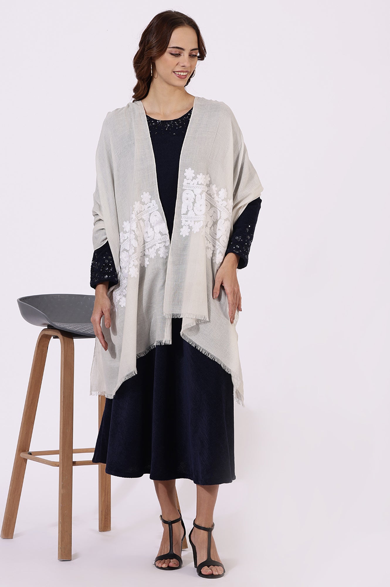 Off-White Thread Embroidered Pure Cotton Shawls