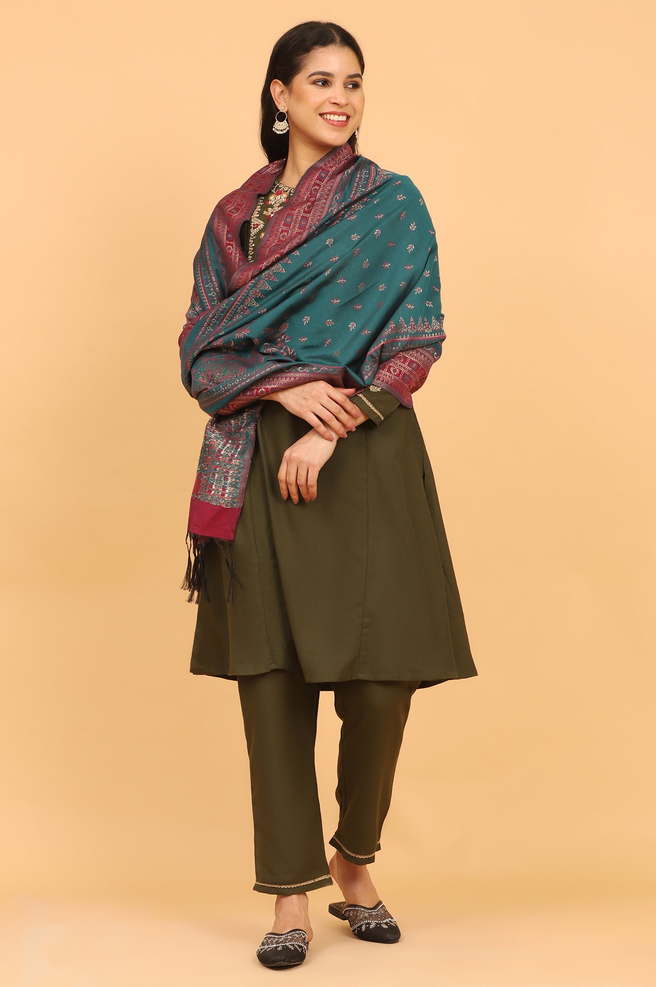 Teal Ethnic Motifs Printed Zari Dupatta