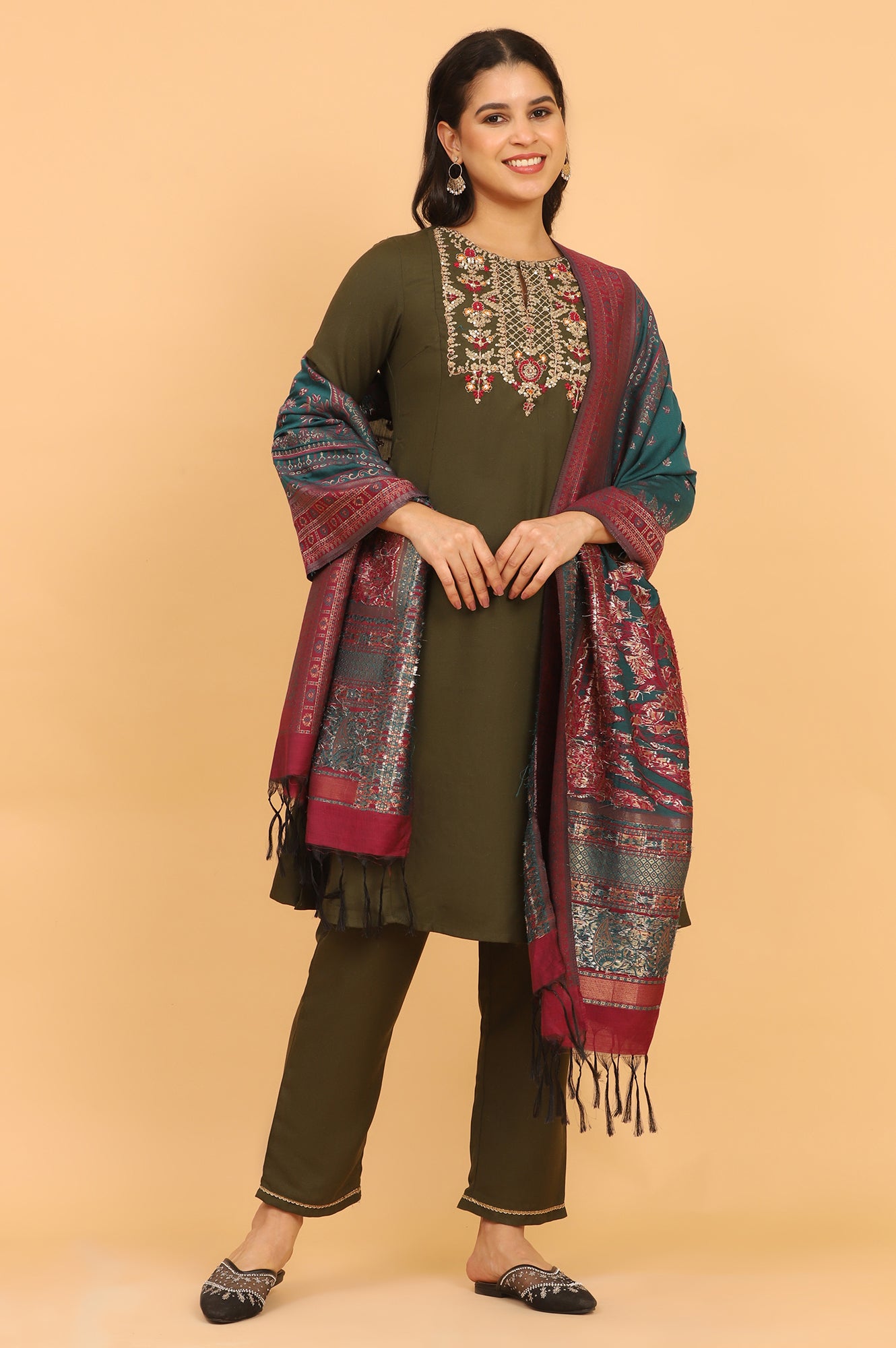 Teal Ethnic Motifs Printed Zari Dupatta