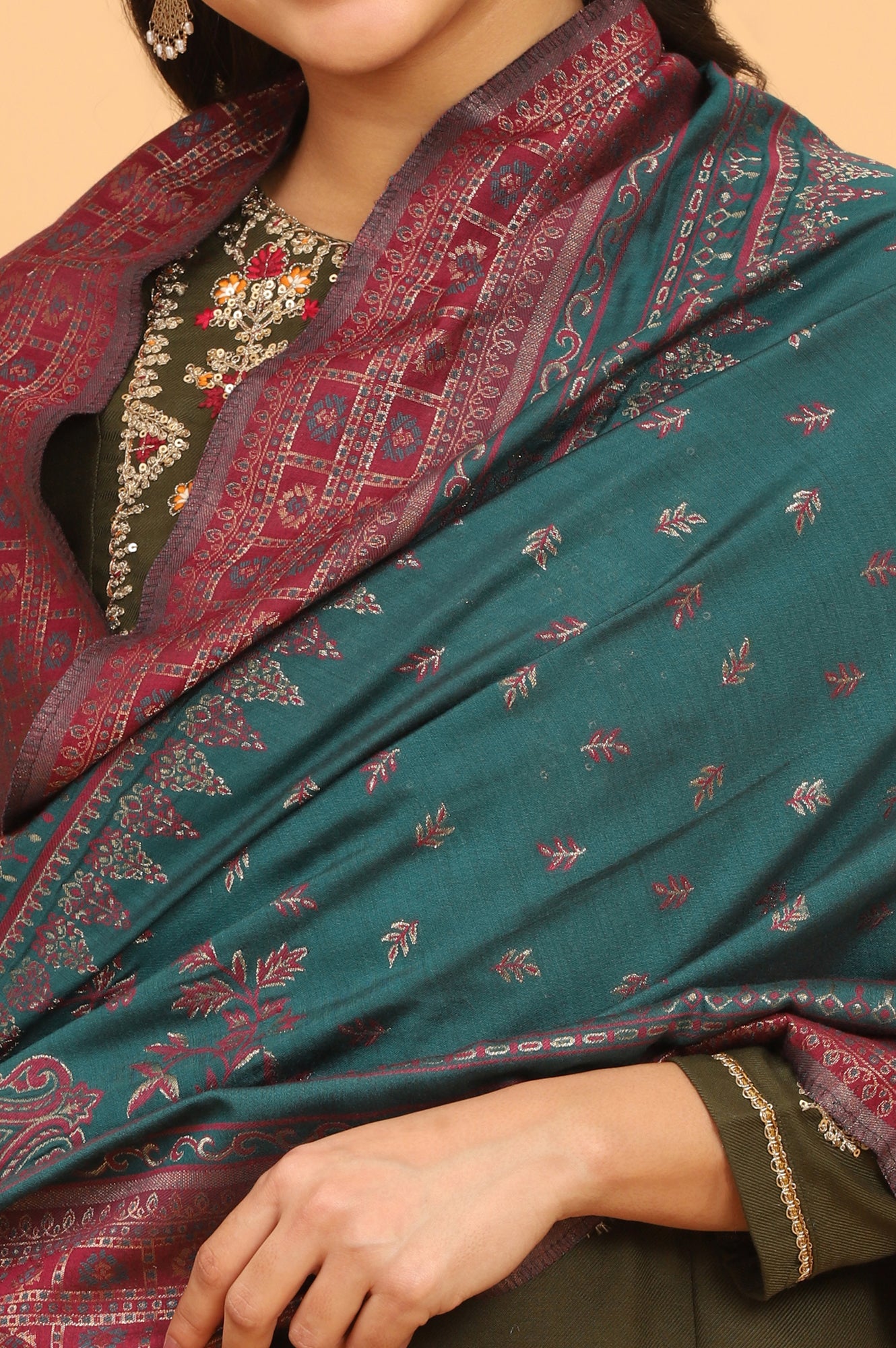 Teal Ethnic Motifs Printed Zari Dupatta
