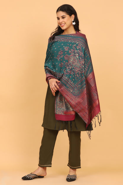 Teal Ethnic Motifs Printed Zari Dupatta