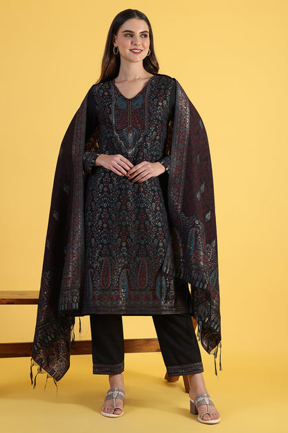 Black Yarn Dyed Sequins A-Line Kurta &amp; Straight pant with Dupatta Set