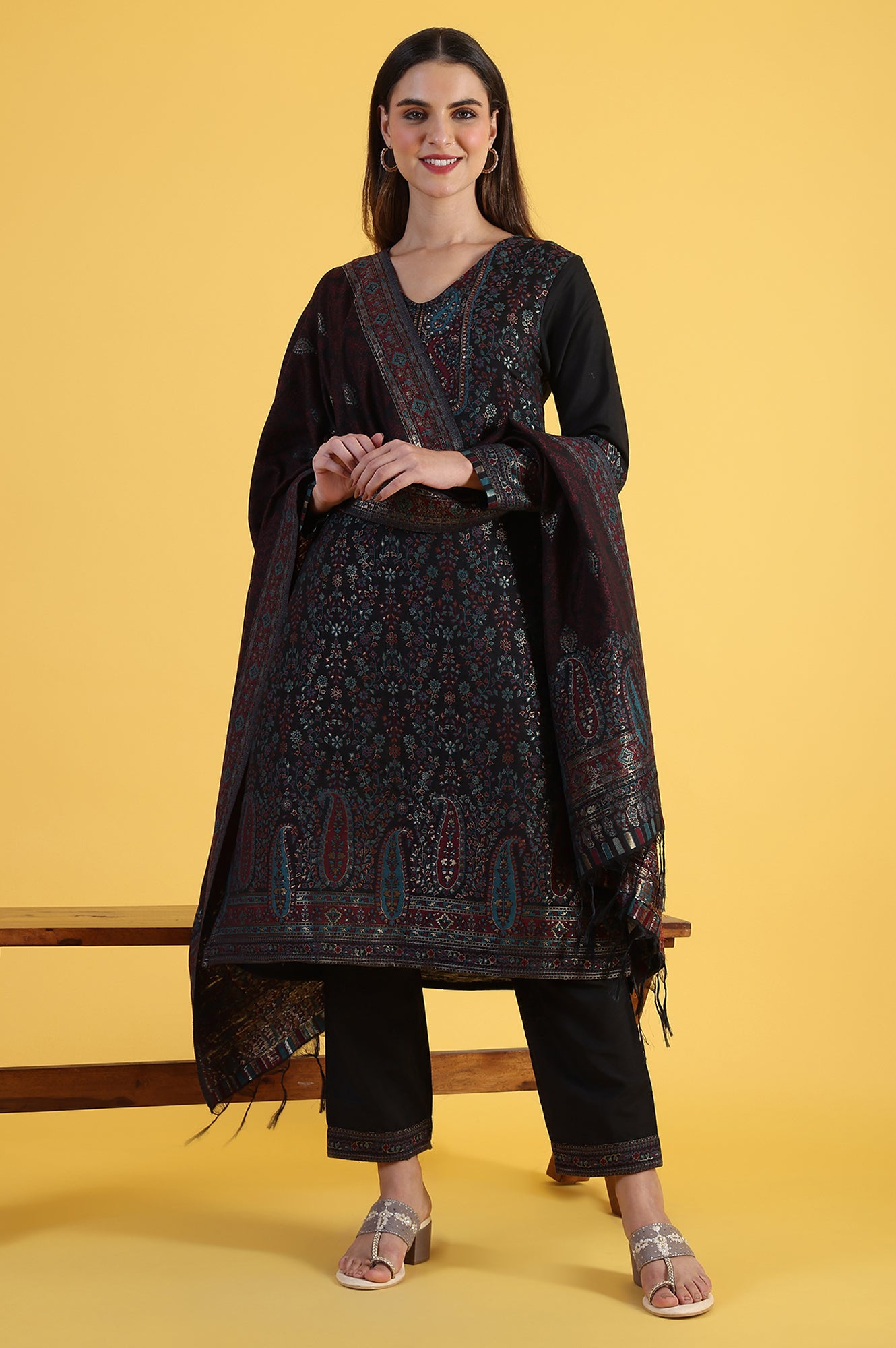 Black Yarn Dyed Sequins A-Line Kurta &amp; Straight pant with Dupatta Set