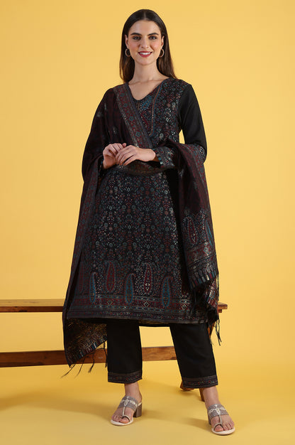 Black Yarn Dyed Sequins A-Line Kurta &amp; Straight pant with Dupatta Set