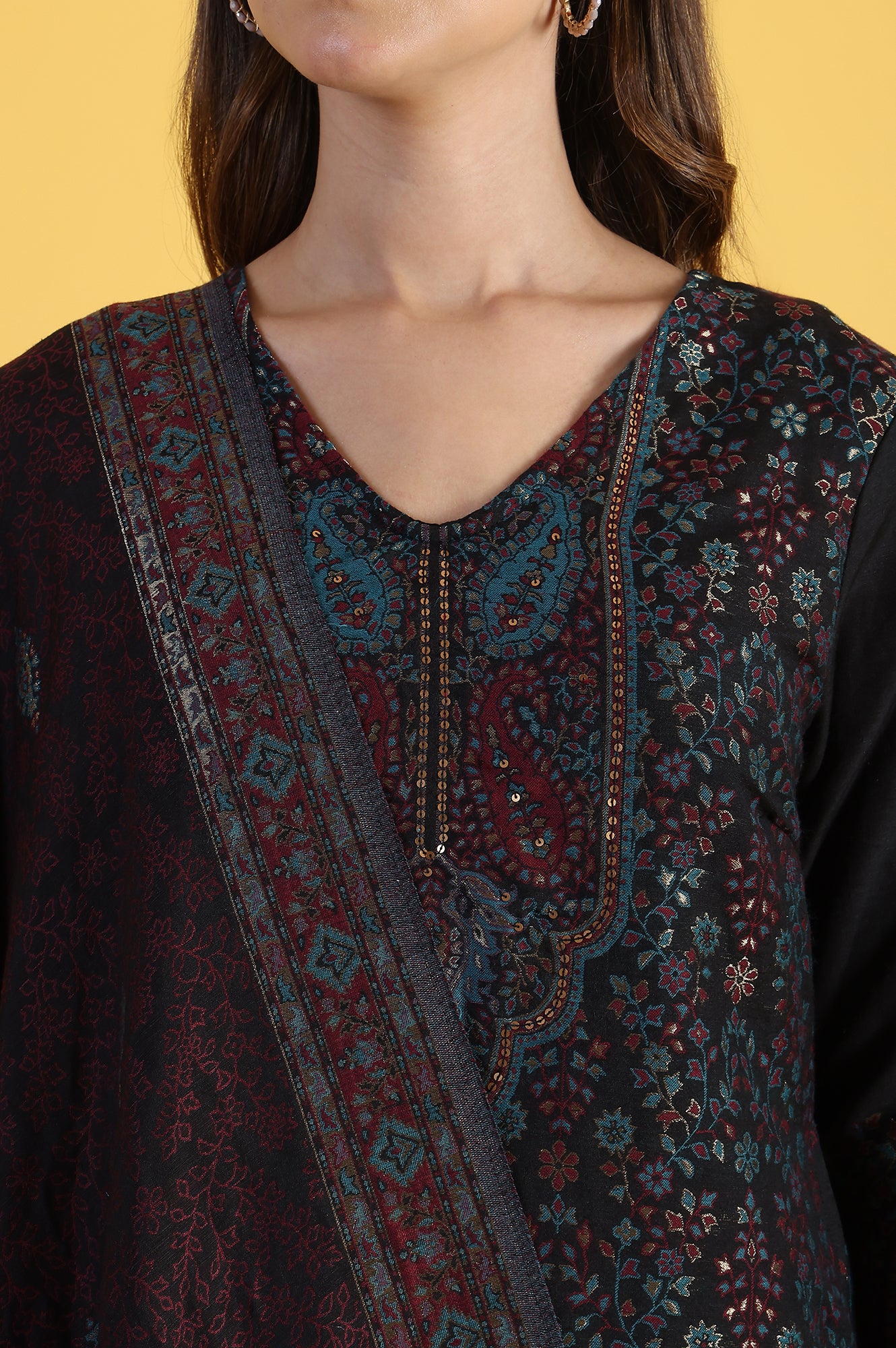Black Yarn Dyed Sequins A-Line Kurta &amp; Straight pant with Dupatta Set