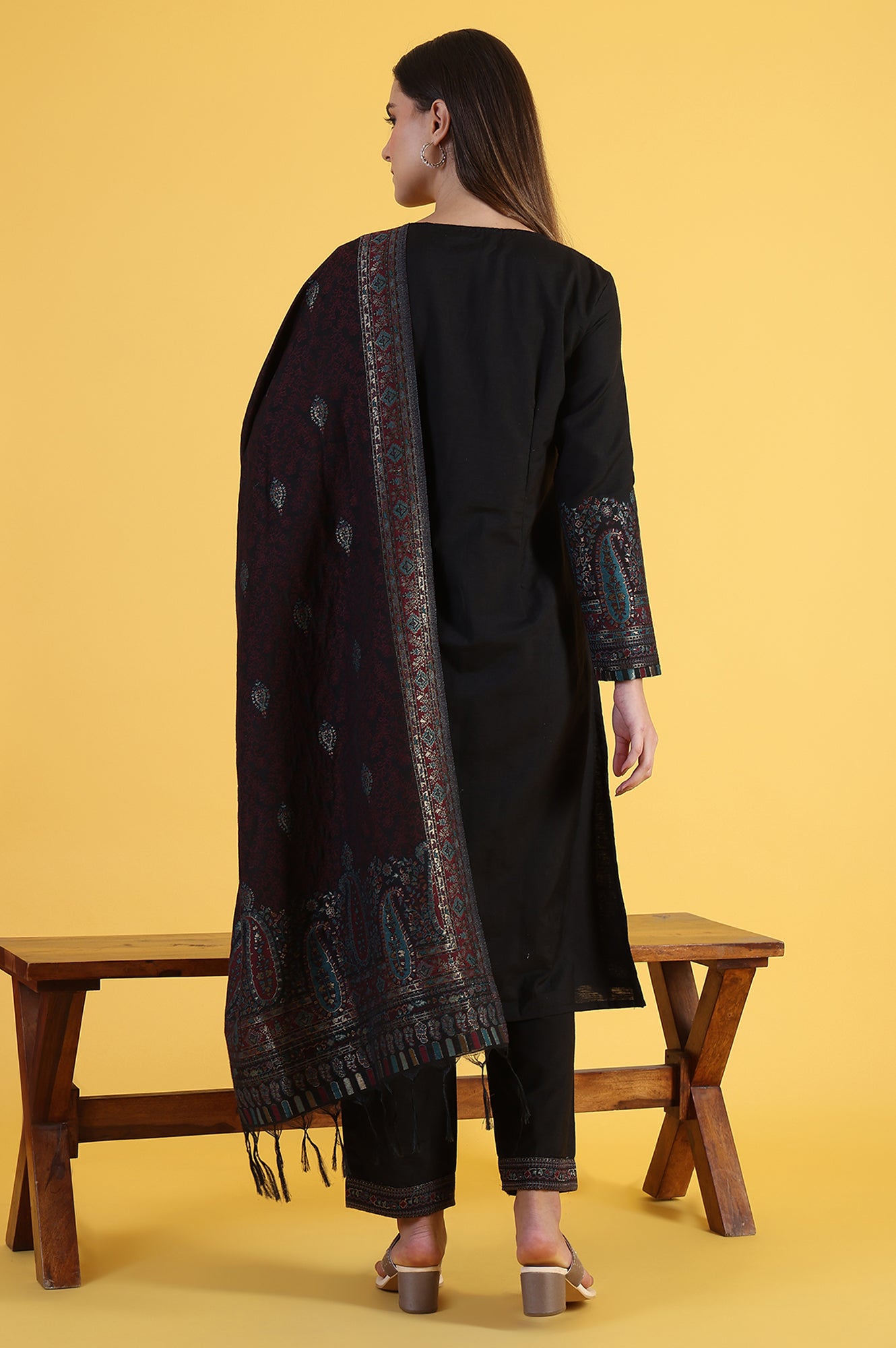 Black Yarn Dyed Sequins A-Line Kurta &amp; Straight pant with Dupatta Set