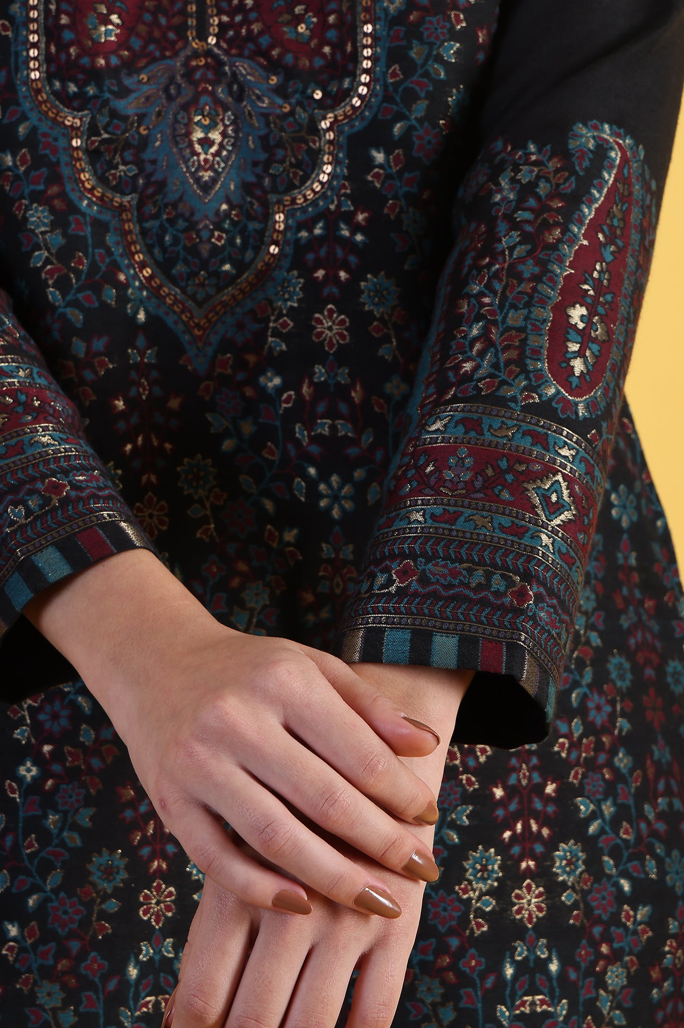 Black Yarn Dyed Sequins A-Line Kurta &amp; Straight pant with Dupatta Set