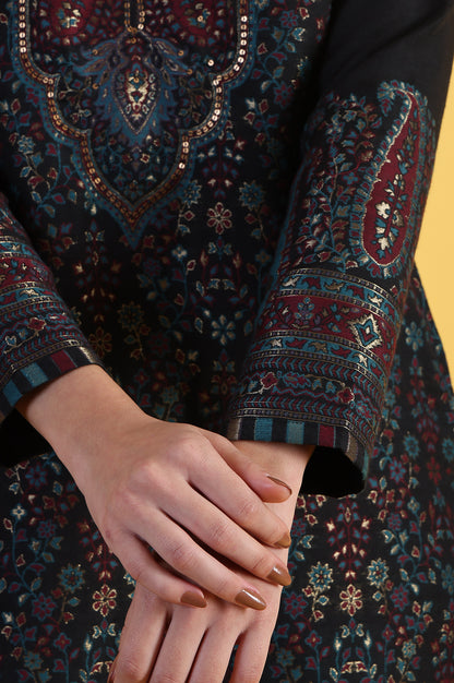 Black Yarn Dyed Sequins A-Line Kurta &amp; Straight pant with Dupatta Set