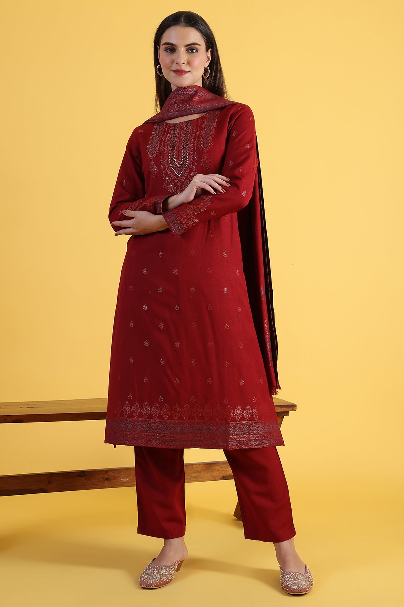 Red Yarn Dyed Sequins A-Line Kurta &amp; Straight pant with Dupatta Set