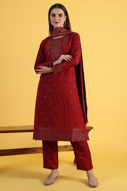 Red Yarn Dyed Sequins A-Line Kurta &amp; Straight pant with Dupatta Set