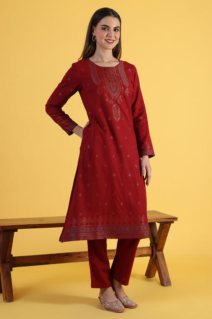 Red Yarn Dyed Sequins A-Line Kurta &amp; Straight pant with Dupatta Set