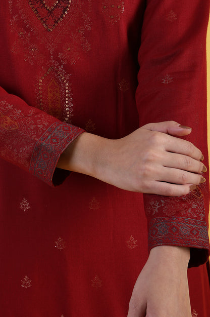 Red Yarn Dyed Sequins A-Line Kurta &amp; Straight pant with Dupatta Set