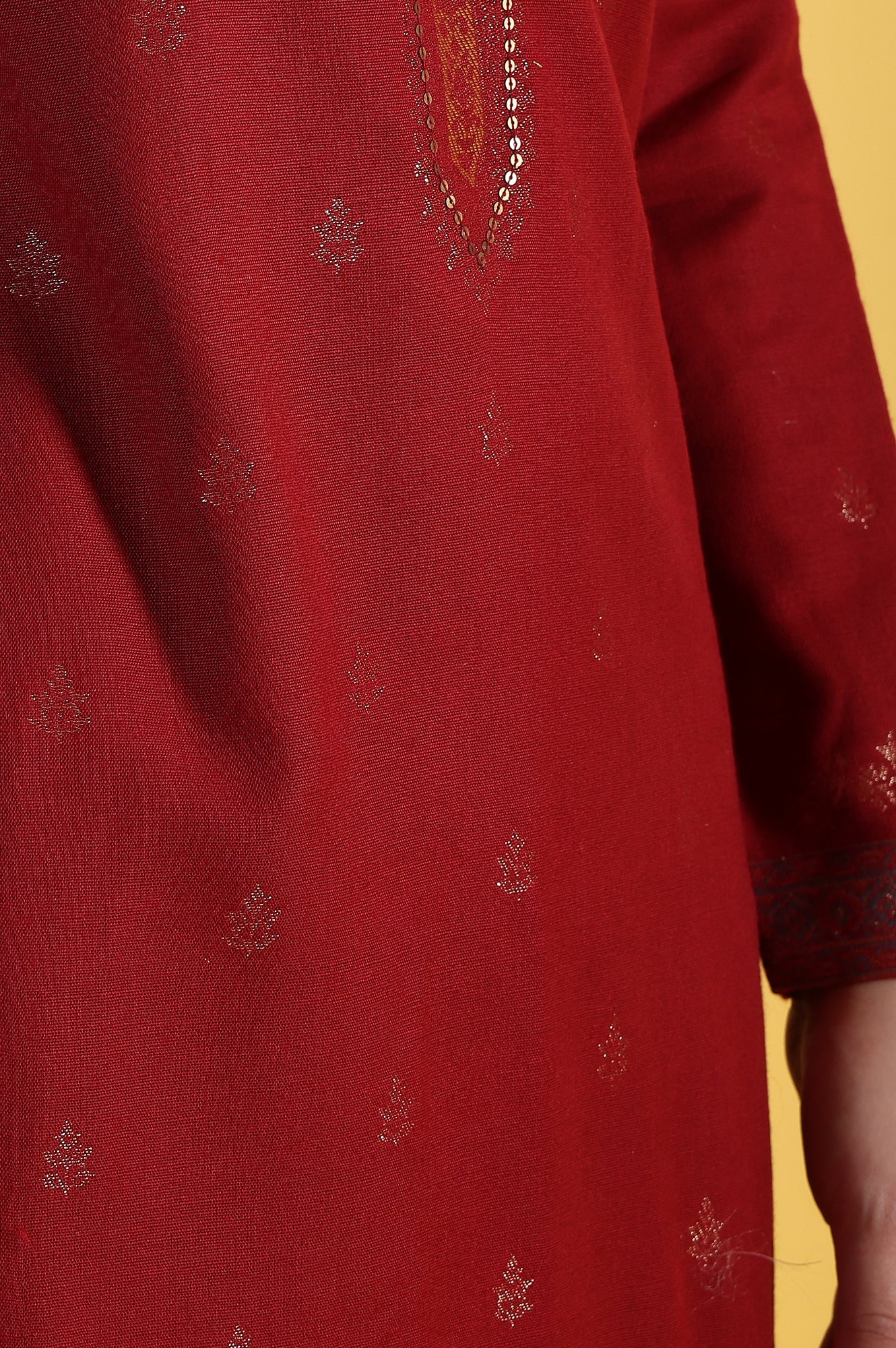 Red Yarn Dyed Sequins A-Line Kurta &amp; Straight pant with Dupatta Set