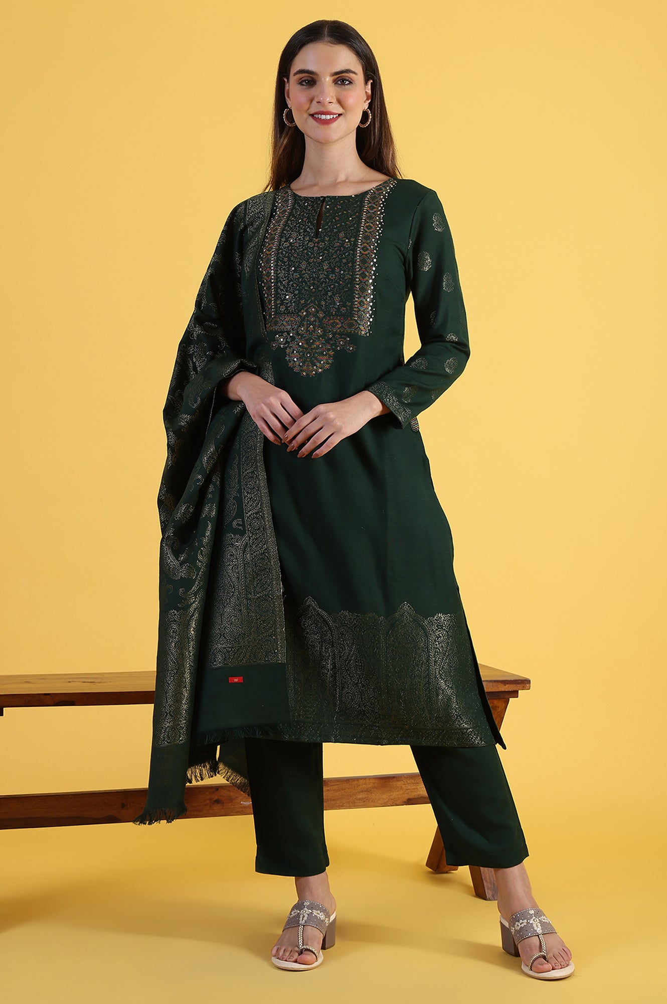 Green Yarn Dyed Sequins A-Line Kurta &amp; Straight pant with Dupatta Set