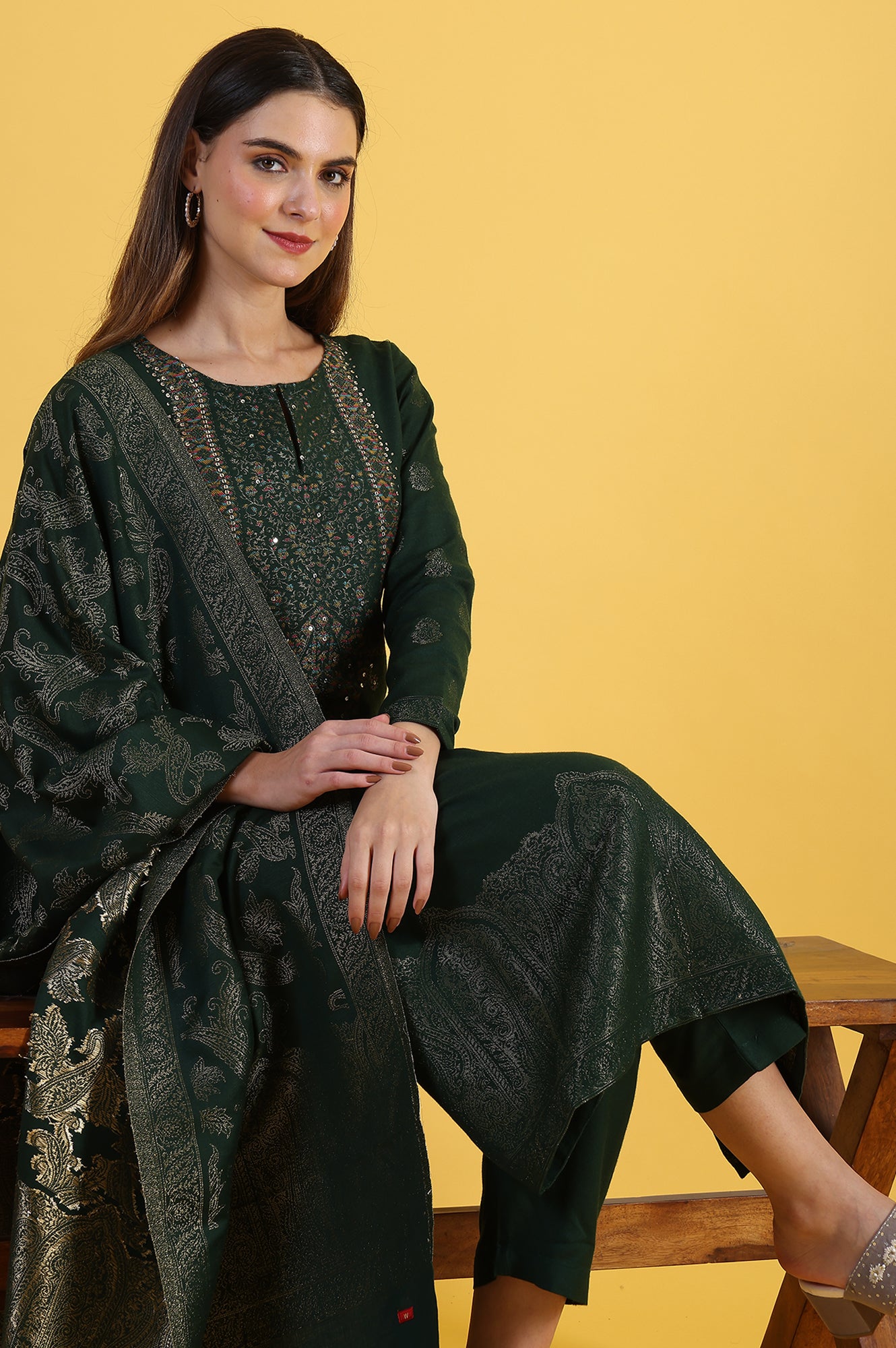 Green Yarn Dyed Sequins A-Line Kurta &amp; Straight pant with Dupatta Set