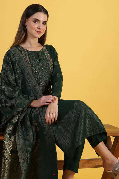 Green Yarn Dyed Sequins A-Line Kurta &amp; Straight pant with Dupatta Set
