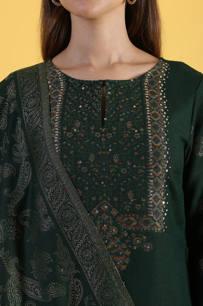 Green Yarn Dyed Sequins A-Line Kurta &amp; Straight pant with Dupatta Set