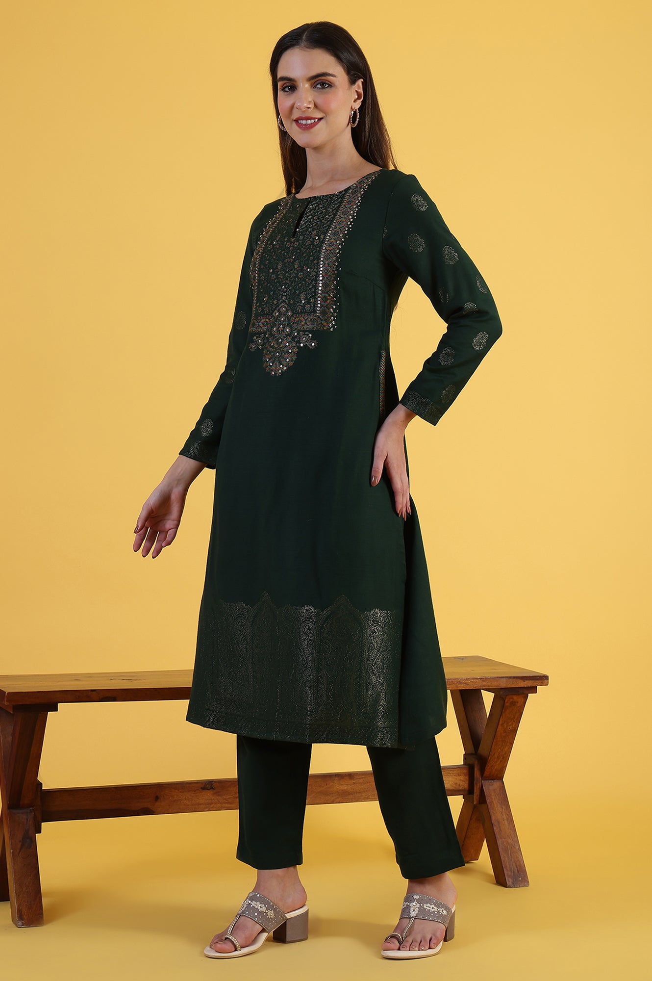 Green Yarn Dyed Sequins A-Line Kurta &amp; Straight pant with Dupatta Set