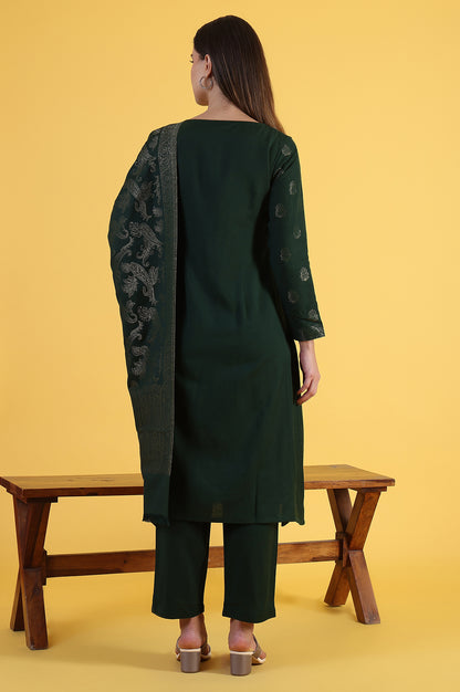 Green Yarn Dyed Sequins A-Line Kurta &amp; Straight pant with Dupatta Set