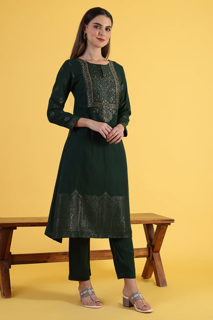 Green Yarn Dyed Sequins A-Line Kurta &amp; Straight pant with Dupatta Set