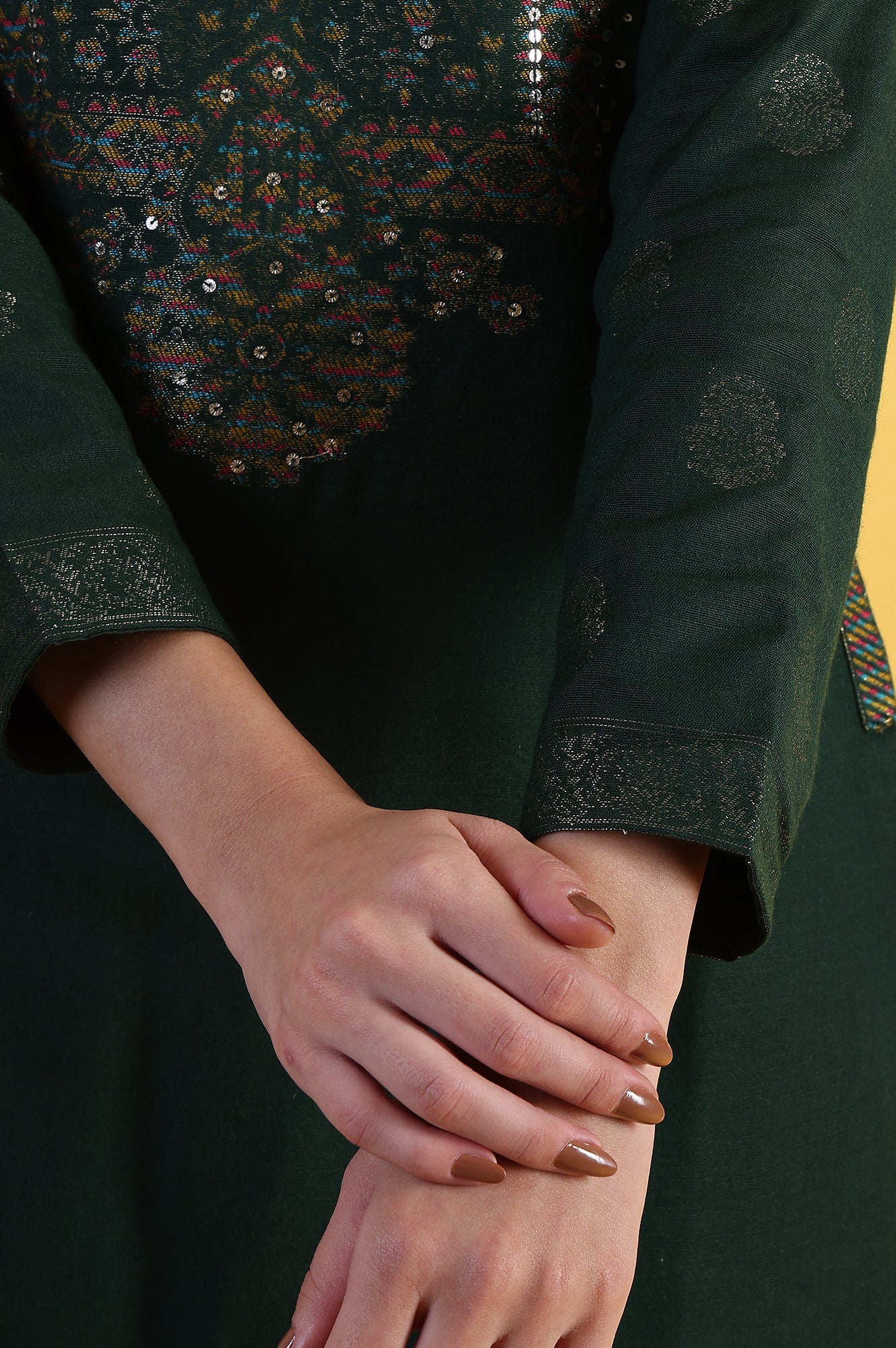 Green Yarn Dyed Sequins A-Line Kurta &amp; Straight pant with Dupatta Set