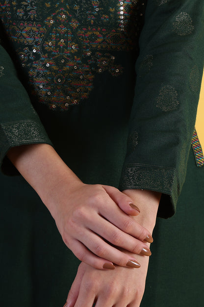 Green Yarn Dyed Sequins A-Line Kurta &amp; Straight pant with Dupatta Set