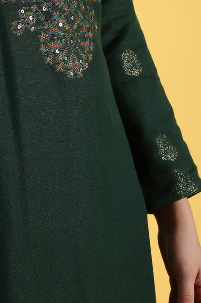 Green Yarn Dyed Sequins A-Line Kurta &amp; Straight pant with Dupatta Set