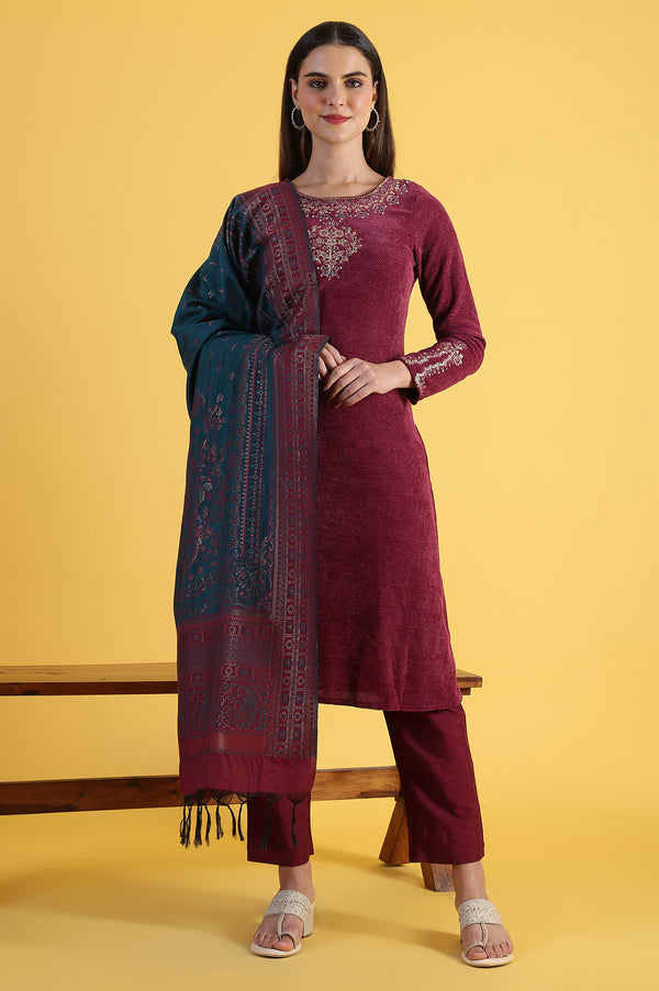 Maroon Solid Metallic Embroidery Straight Kurta & Straight pant with Dupatta Set