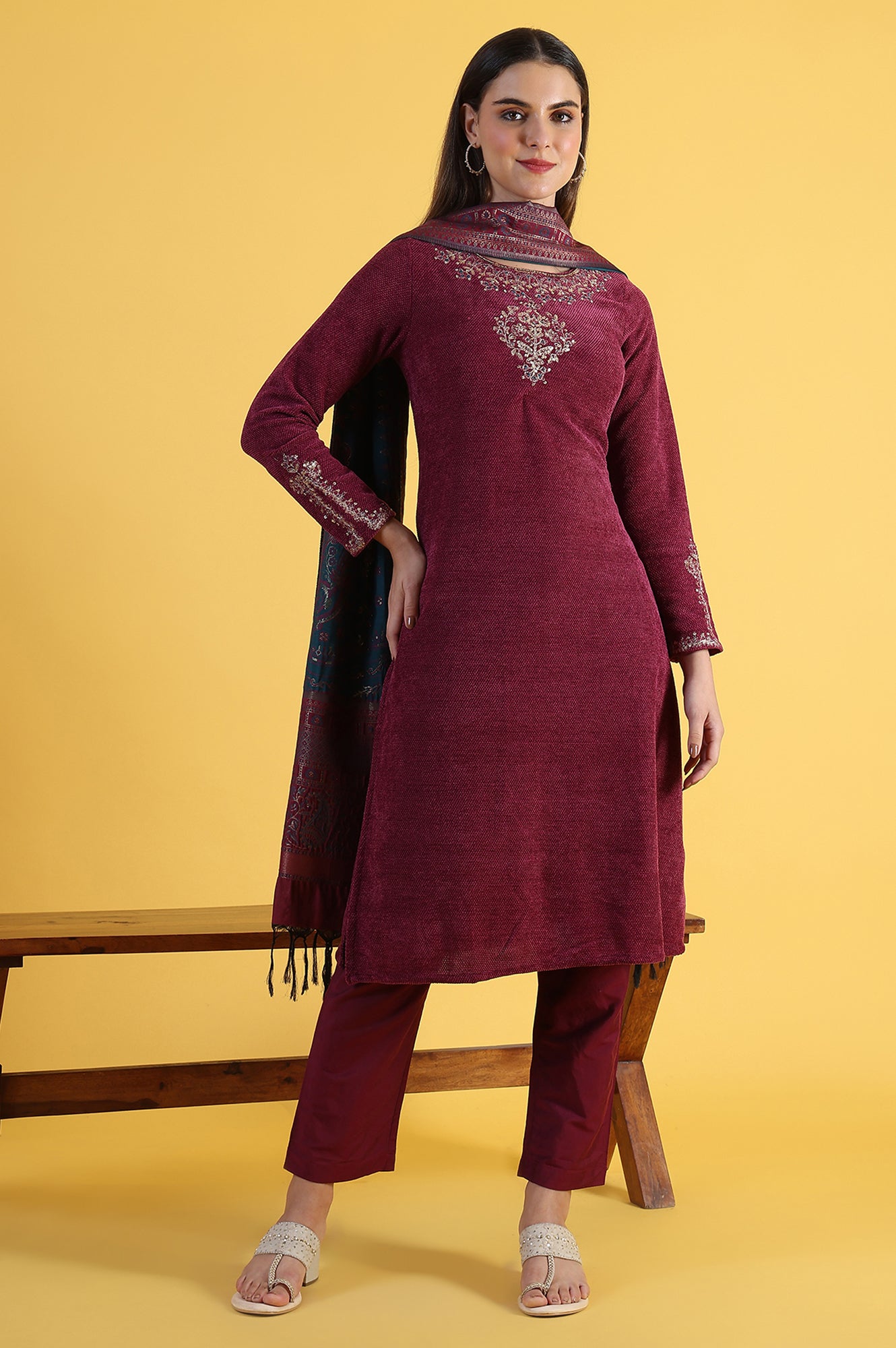 Maroon Solid Metallic Embroidery Straight Kurta &amp; Straight pant with Dupatta Set