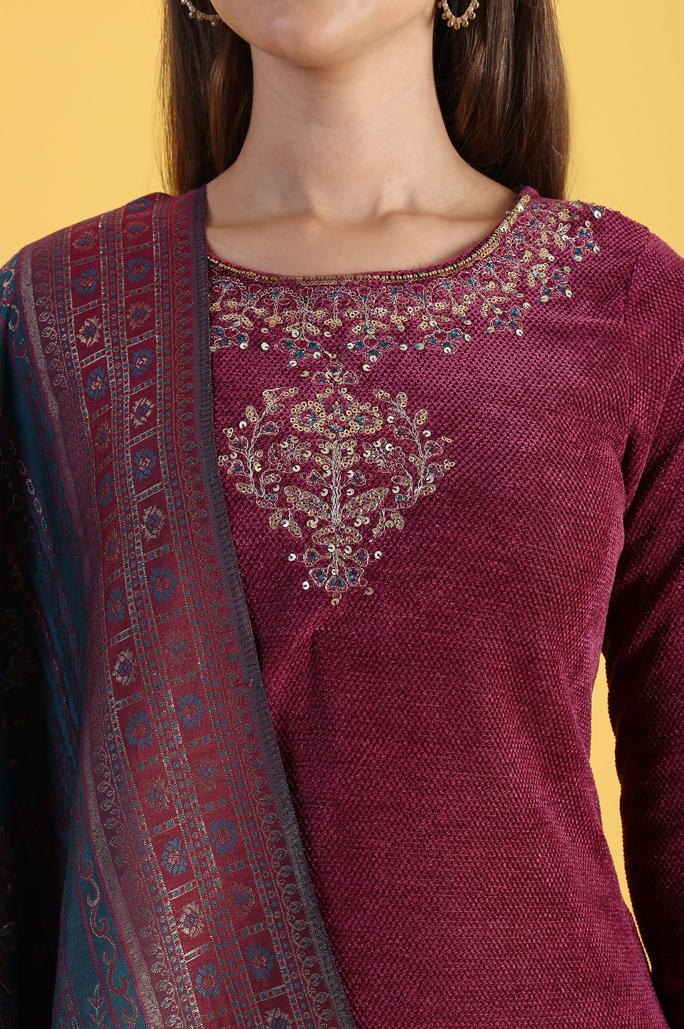Maroon Solid Metallic Embroidery Straight Kurta &amp; Straight pant with Dupatta Set