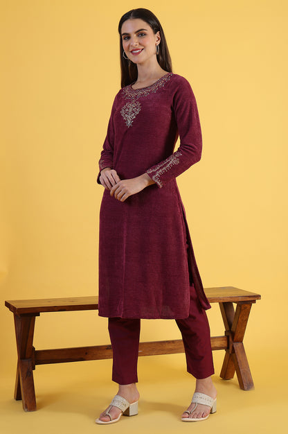 Maroon Solid Metallic Embroidery Straight Kurta &amp; Straight pant with Dupatta Set