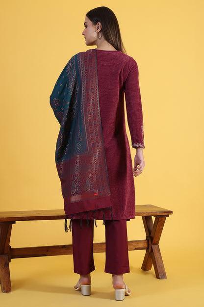 Maroon Solid Metallic Embroidery Straight Kurta &amp; Straight pant with Dupatta Set