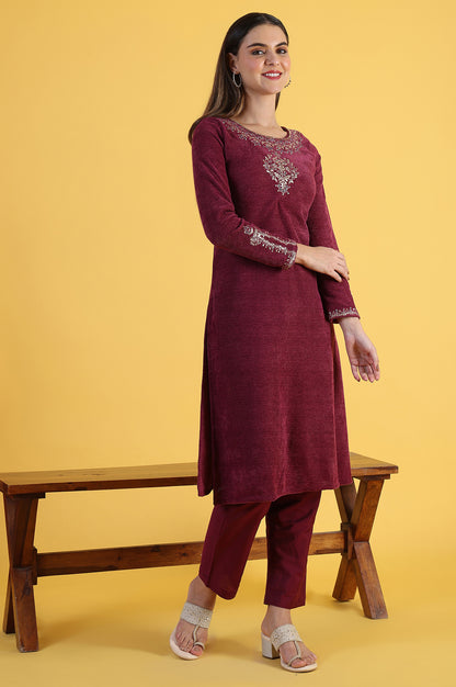 Maroon Solid Metallic Embroidery Straight Kurta &amp; Straight pant with Dupatta Set